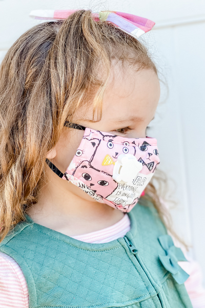 Girl Wearing Pink Kitty Kids Premium Mask - Includes Filter