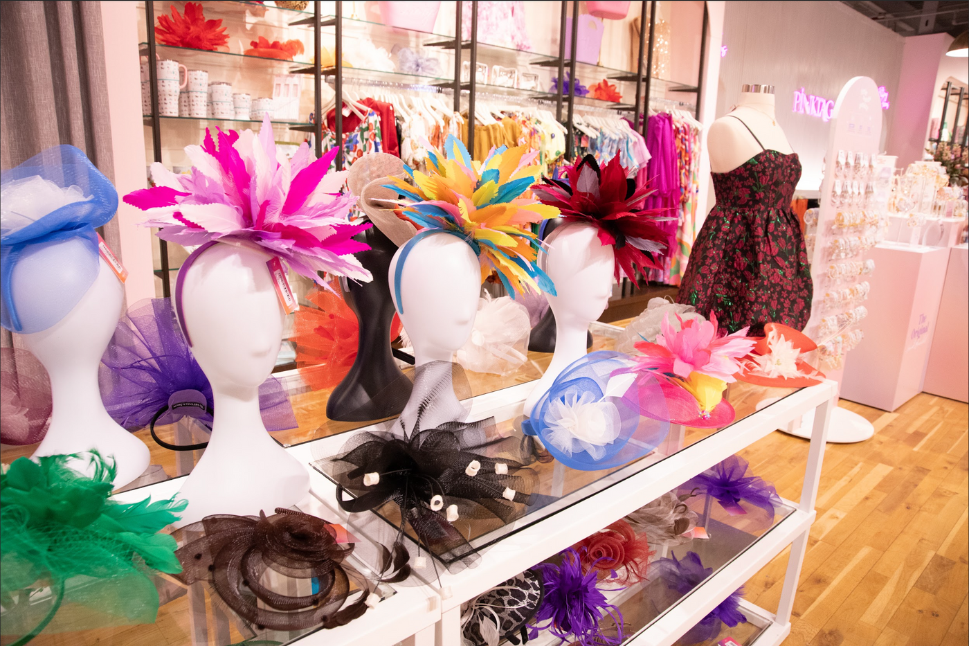 Image of fascinators on display at PinkTag Boutique in Louisville, KY