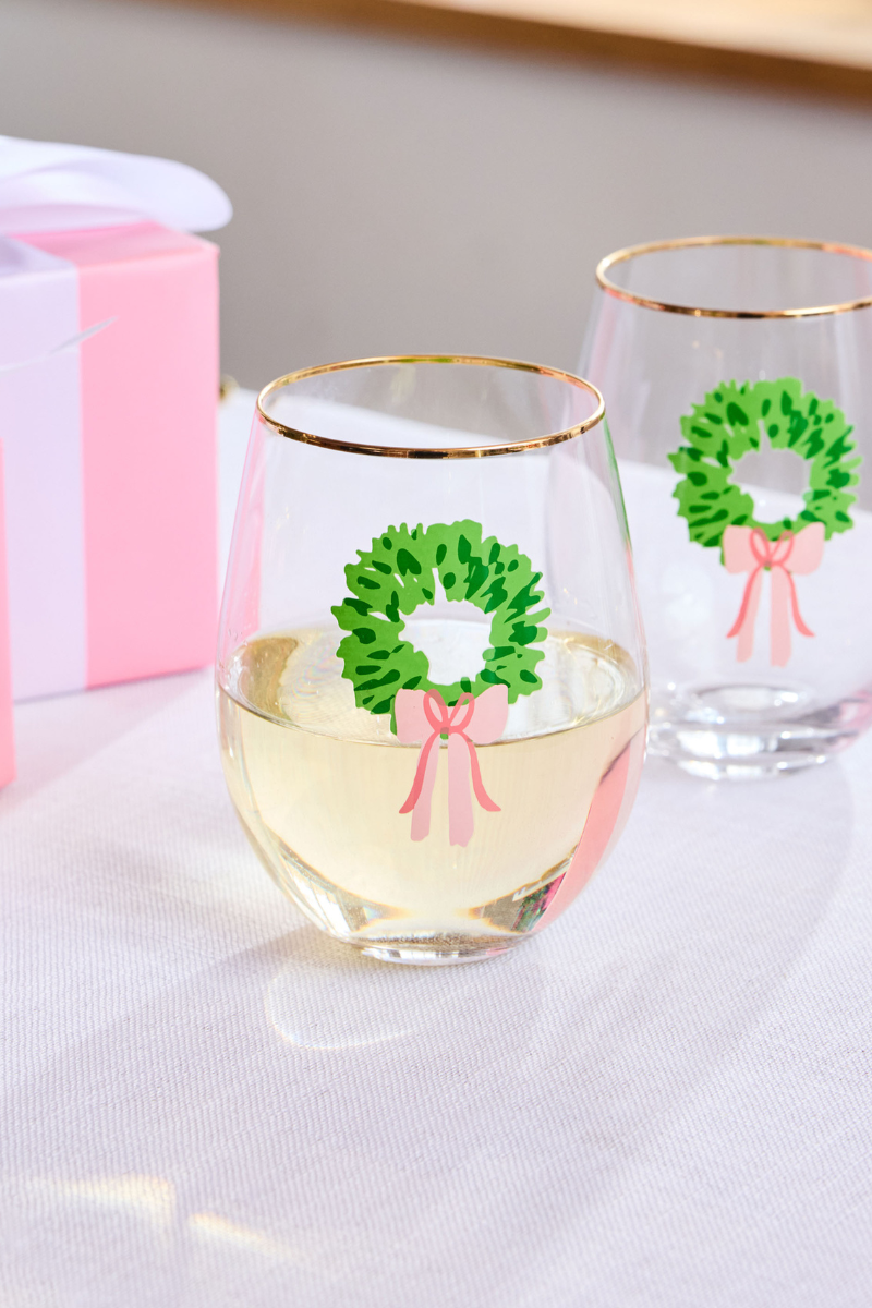 Glass Stemless Wine - Rosy Wreaths