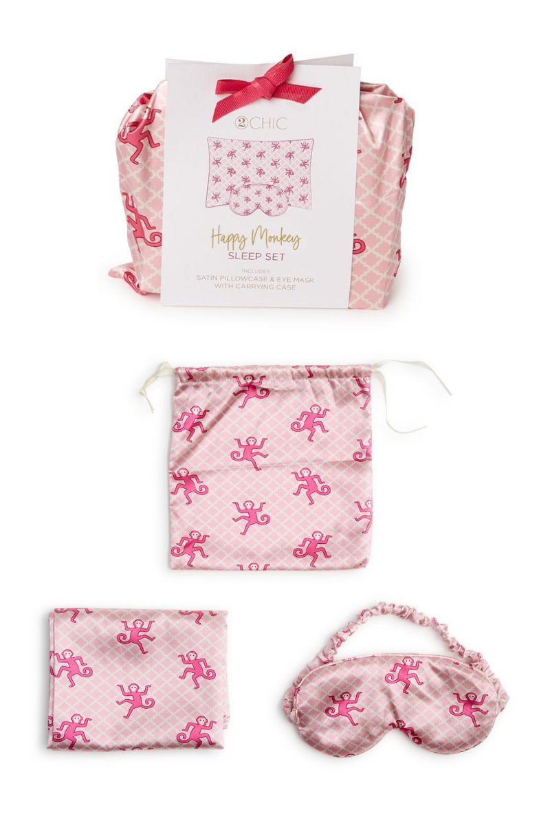Happy Monkey Satin Pillowcase and Eye Mask Set