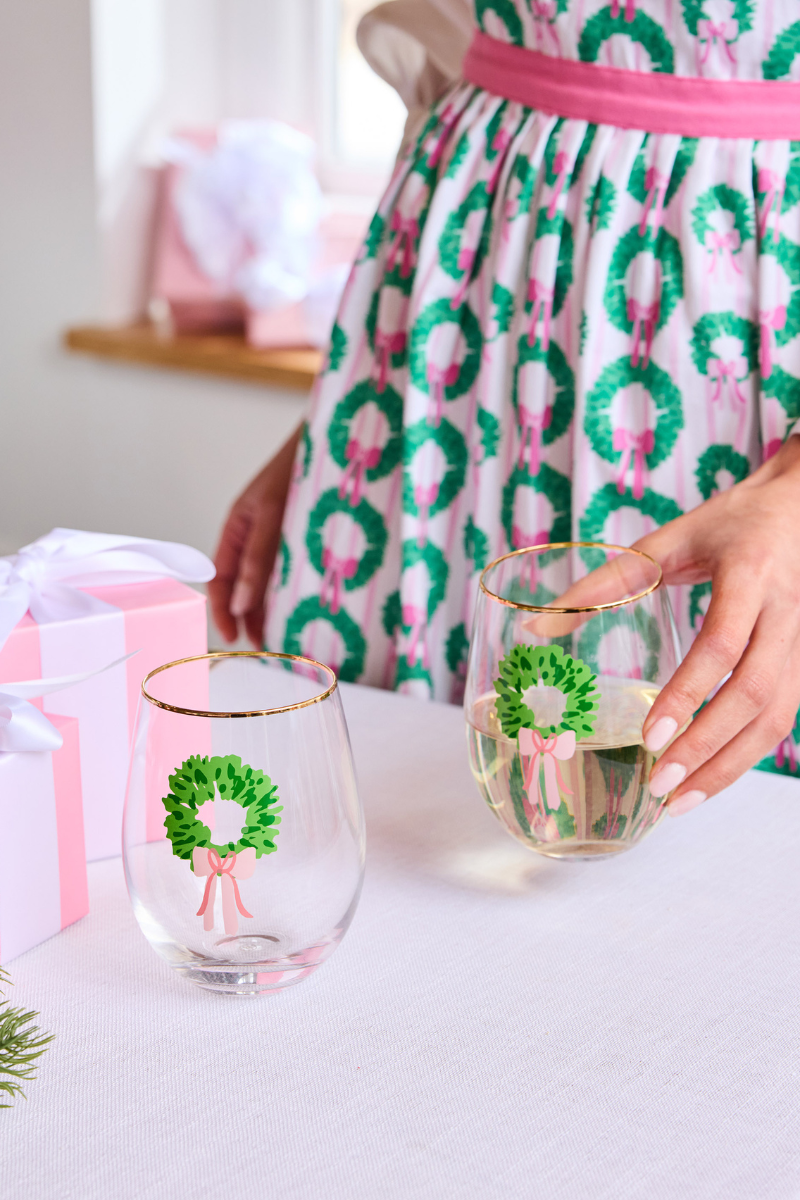 Glass Stemless Wine - Rosy Wreaths