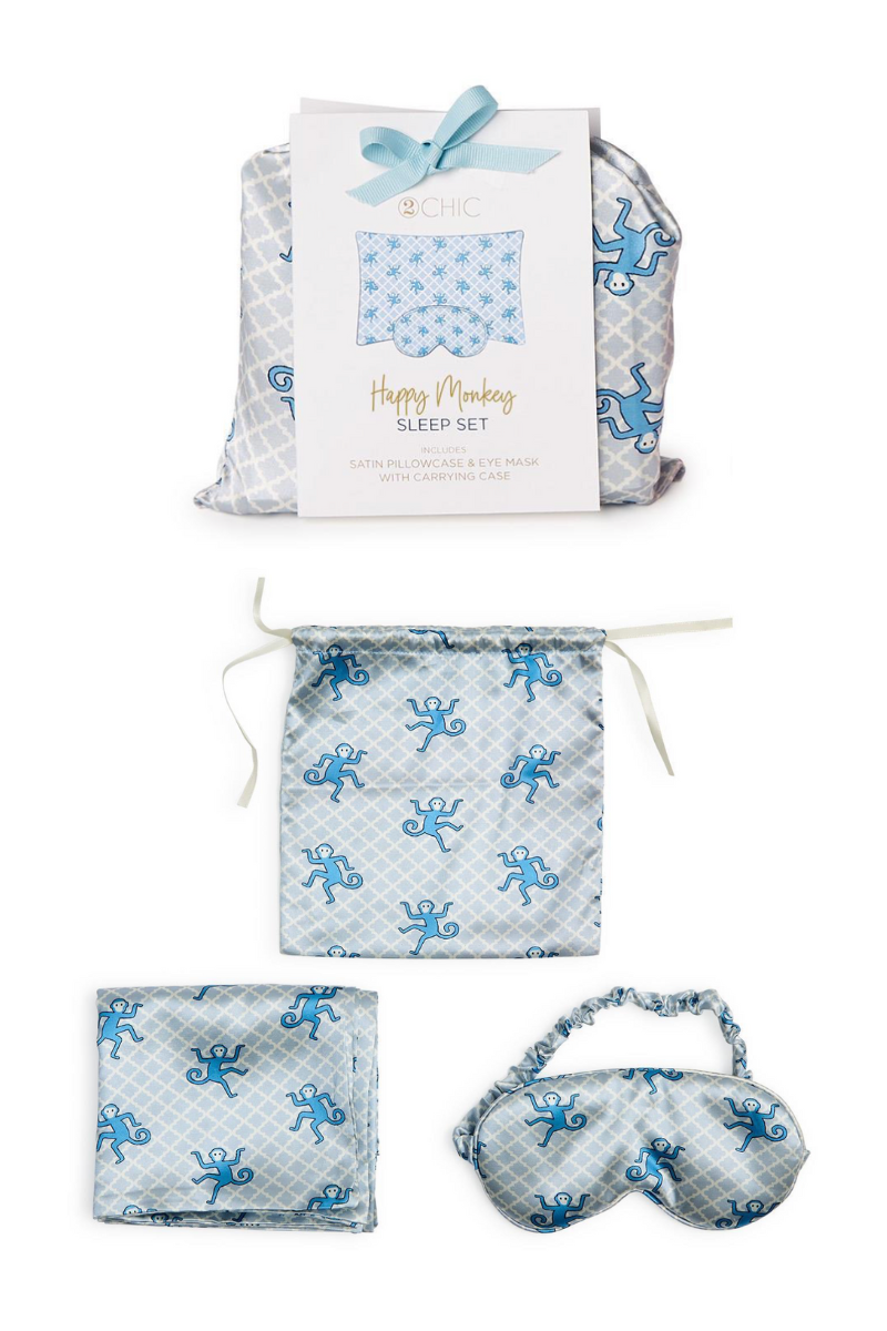 Happy Monkey Satin Pillowcase and Eye Mask Set