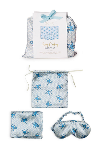 Happy Monkey Satin Pillowcase and Eye Mask Set