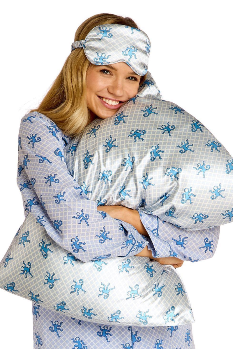 Happy Monkey Satin Pillowcase and Eye Mask Set