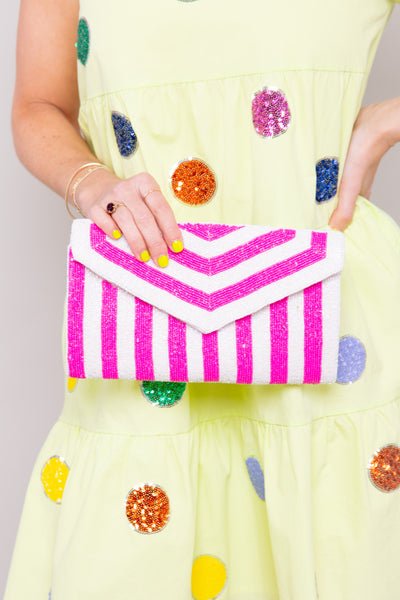 Beaded Striped Purse-Hot Pink