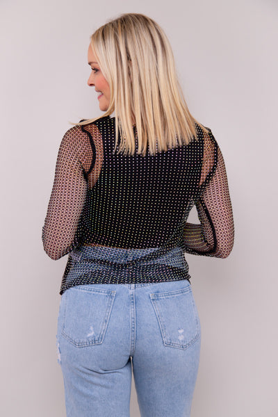 Rhinestone Mesh Top - Black (Medium)