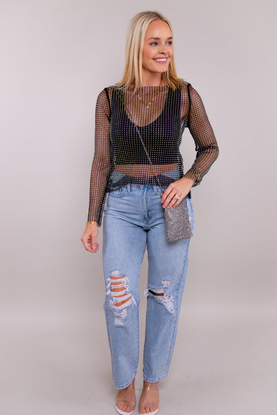 Rhinestone Mesh Top - Black (Medium)