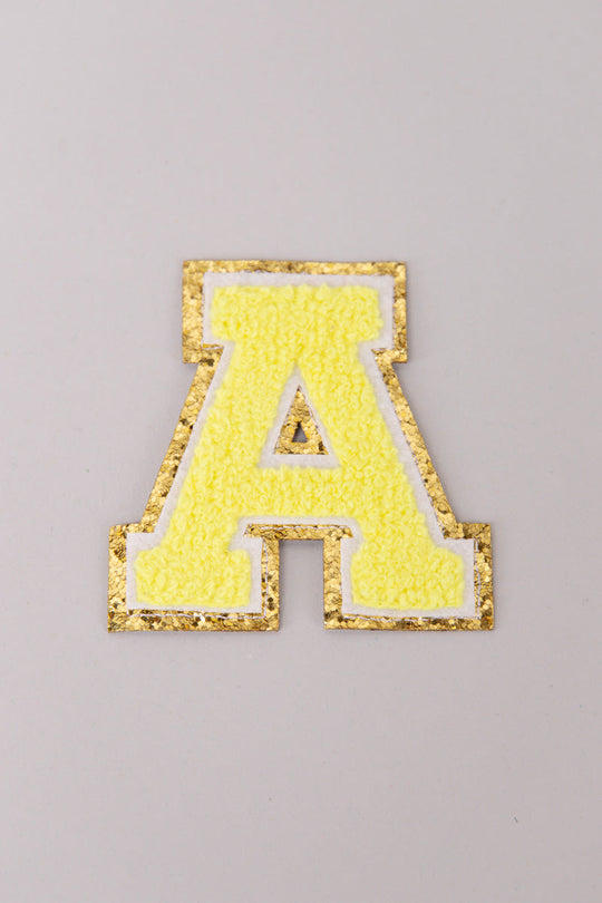 Yellow Iron On Varsity Letter Patches -Set of 3 - Small 5.5 cm Chenille  with Gold GlitterH