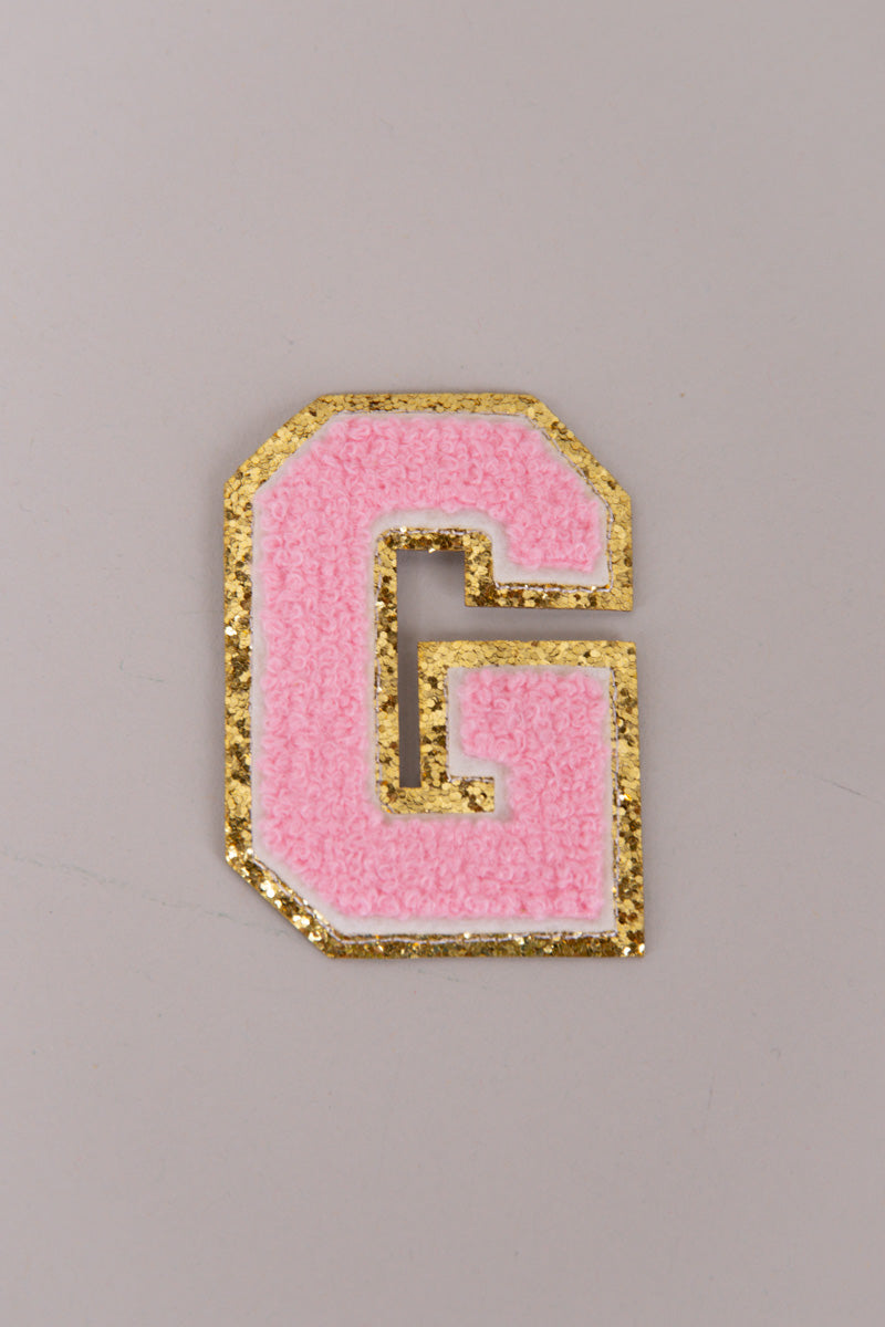 Light Pink Chenille Iron On Gold Glitter Letter Patches