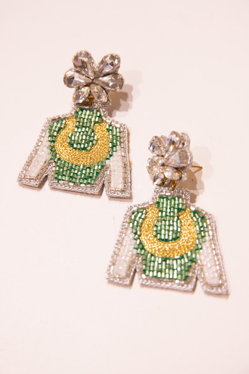 Derby Jockey Silks Earrings - Green & Gold Horseshoe