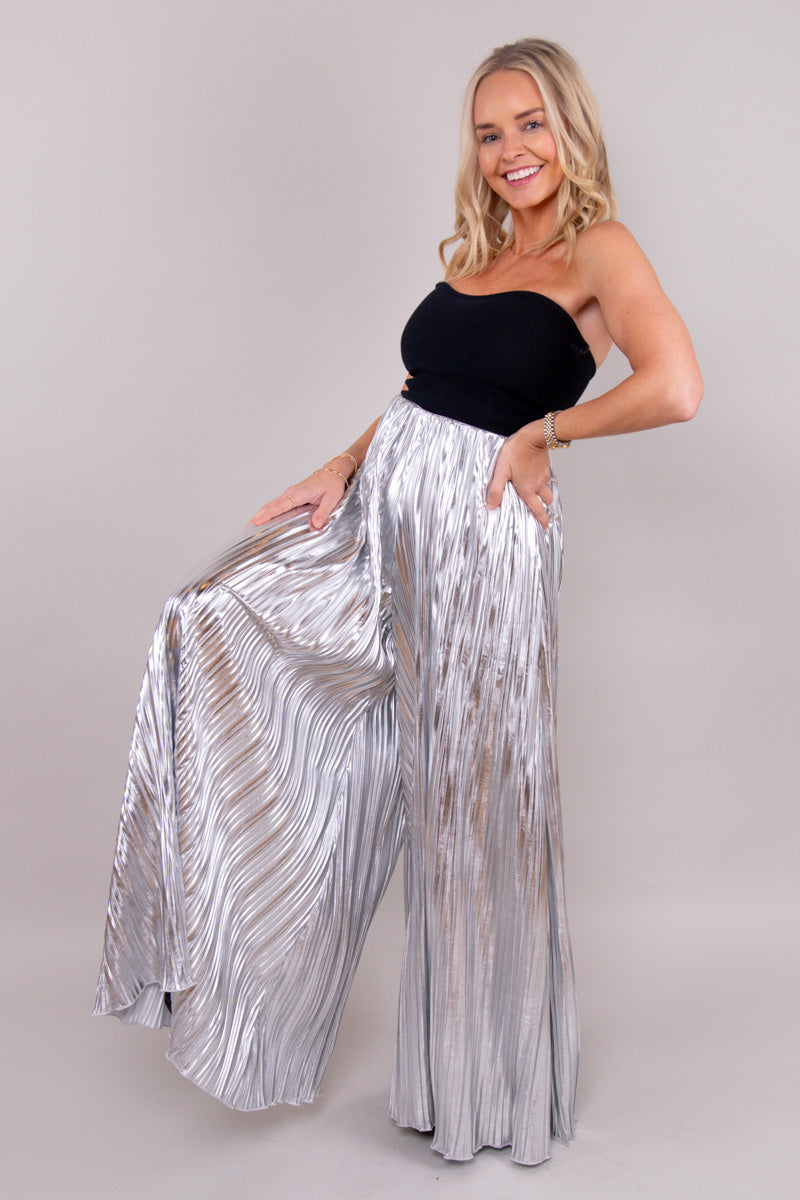 Silver Luster Pleated Wide Leg Pants