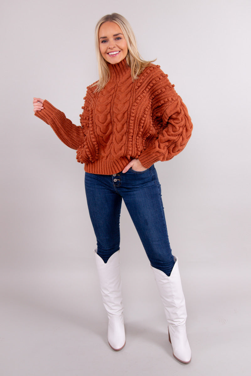 Pom Pom Chic Sweater-Brown - FINAL SALE