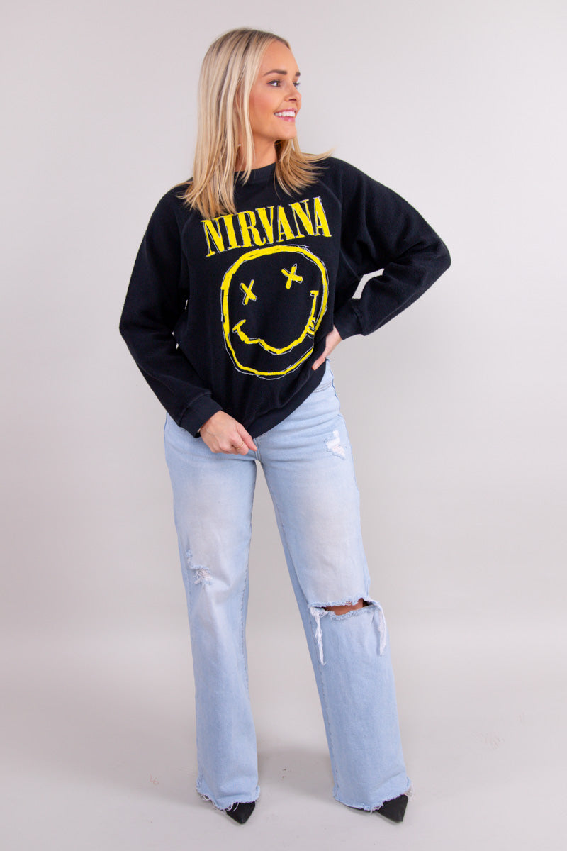 Nirvana Smiley Reverse Raglan Crew In Black Onyx