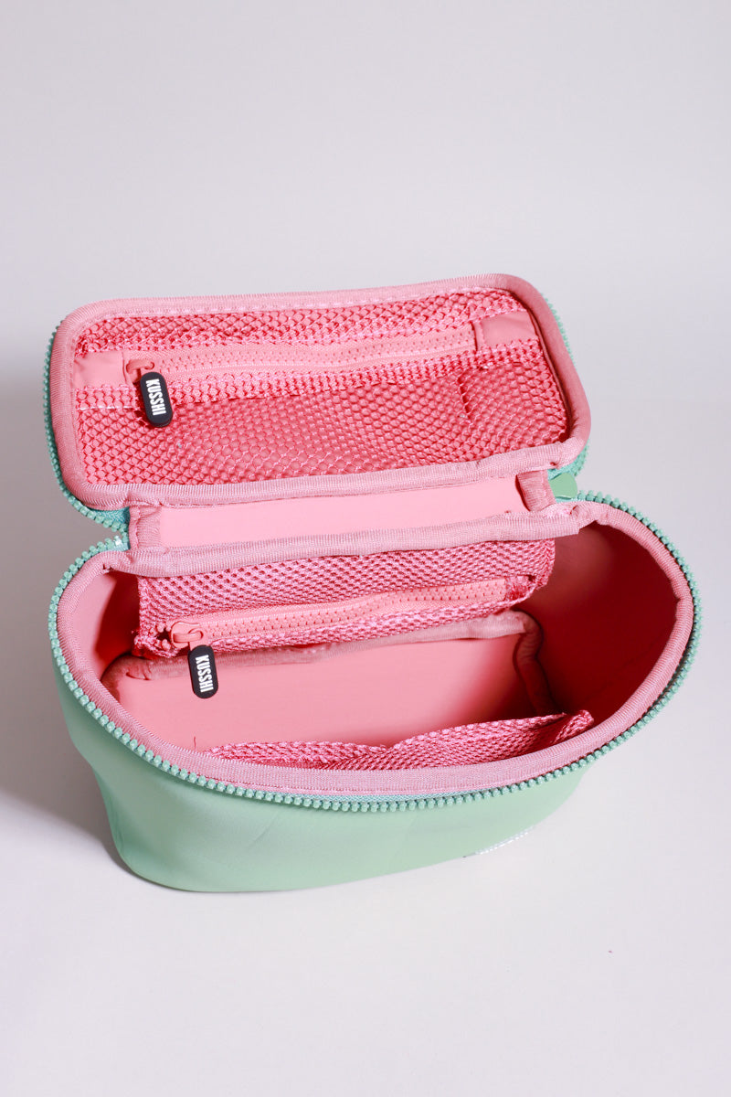 KUSSHI Small Neoprene Train Case-Sage/Coral Rose