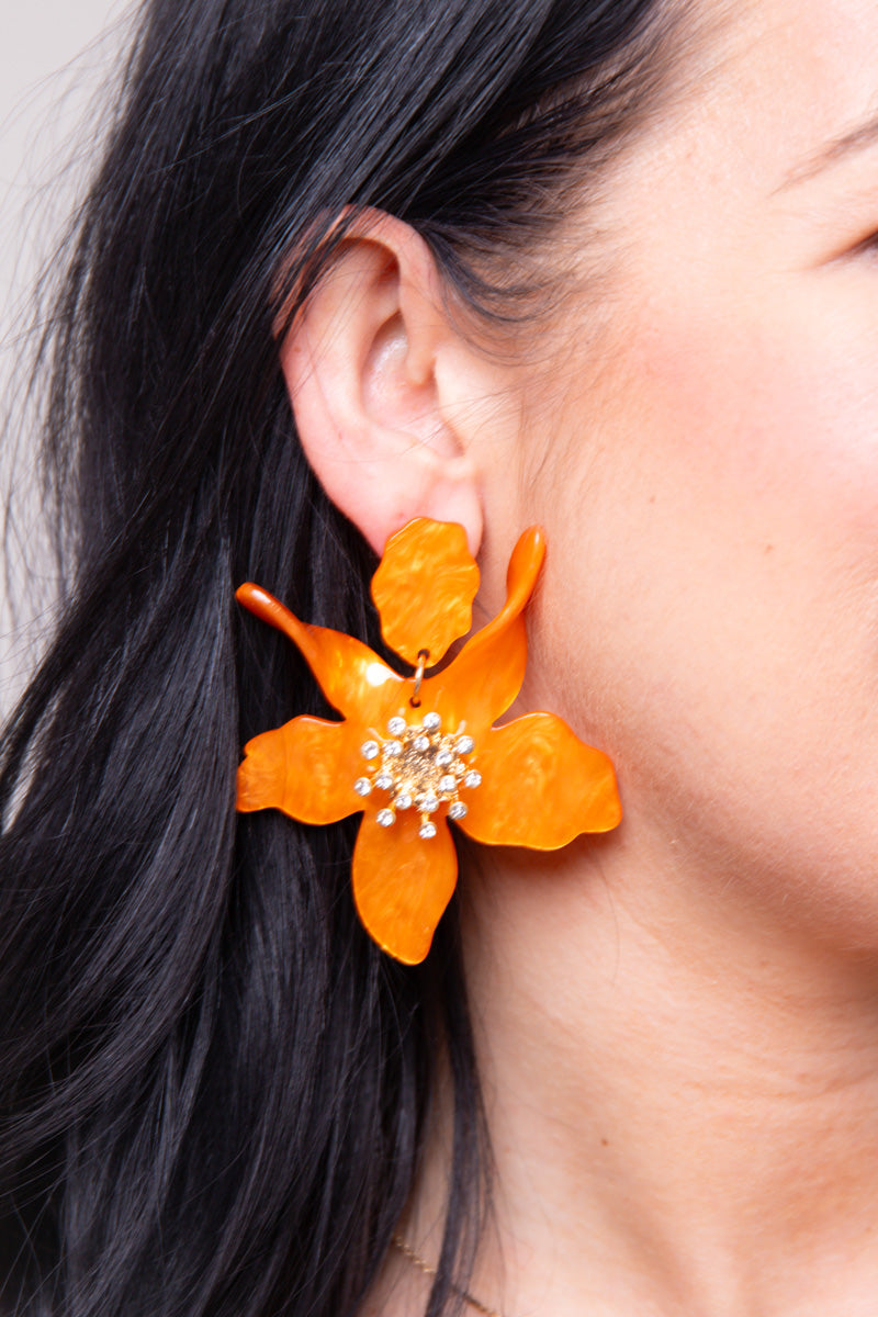 Chloe Resin Flower Earrings-Orange