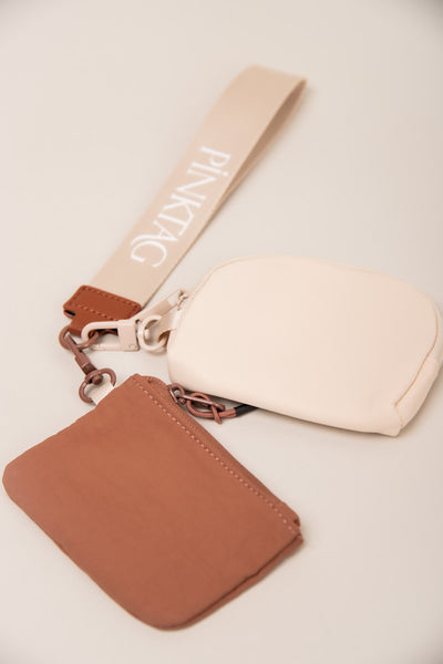 Two Pouch PinkTag Wristlet- Brown & Ivory