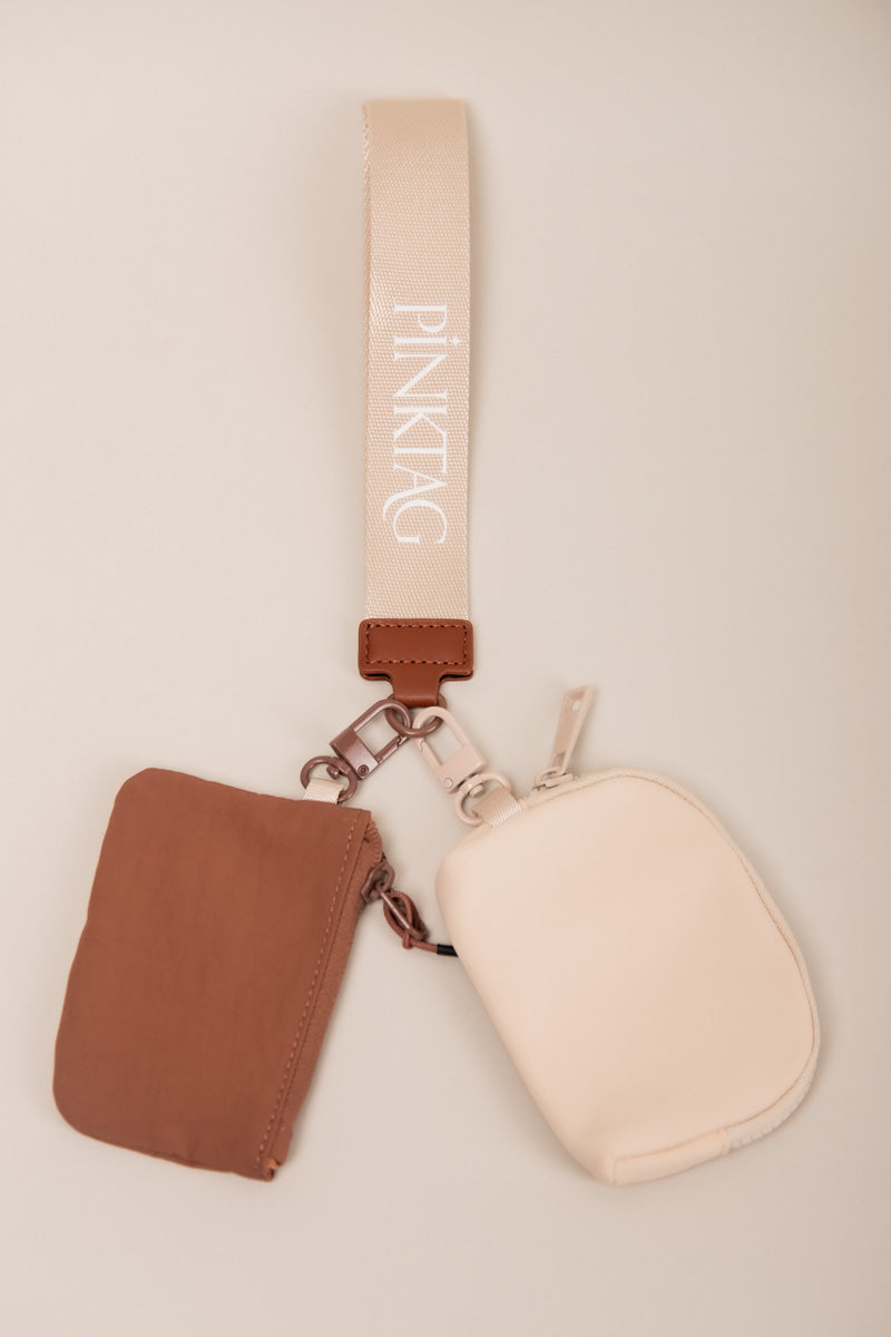 Two Pouch PinkTag Wristlet- Brown & Ivory