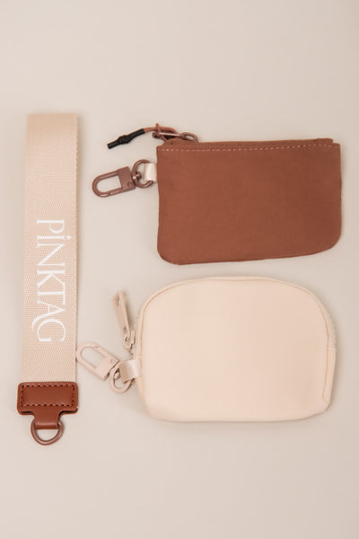 Two Pouch PinkTag Wristlet- Brown & Ivory