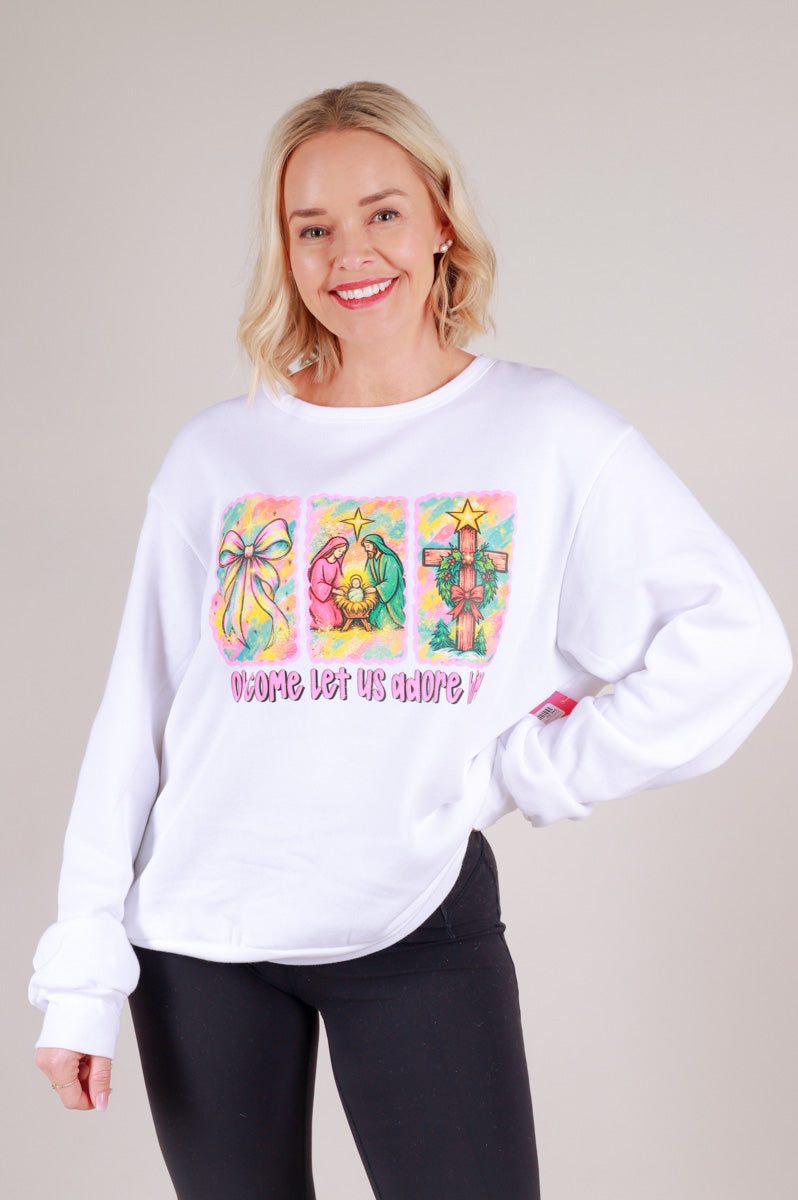 Let Us Adore Him Graphic Sweatshirt - White