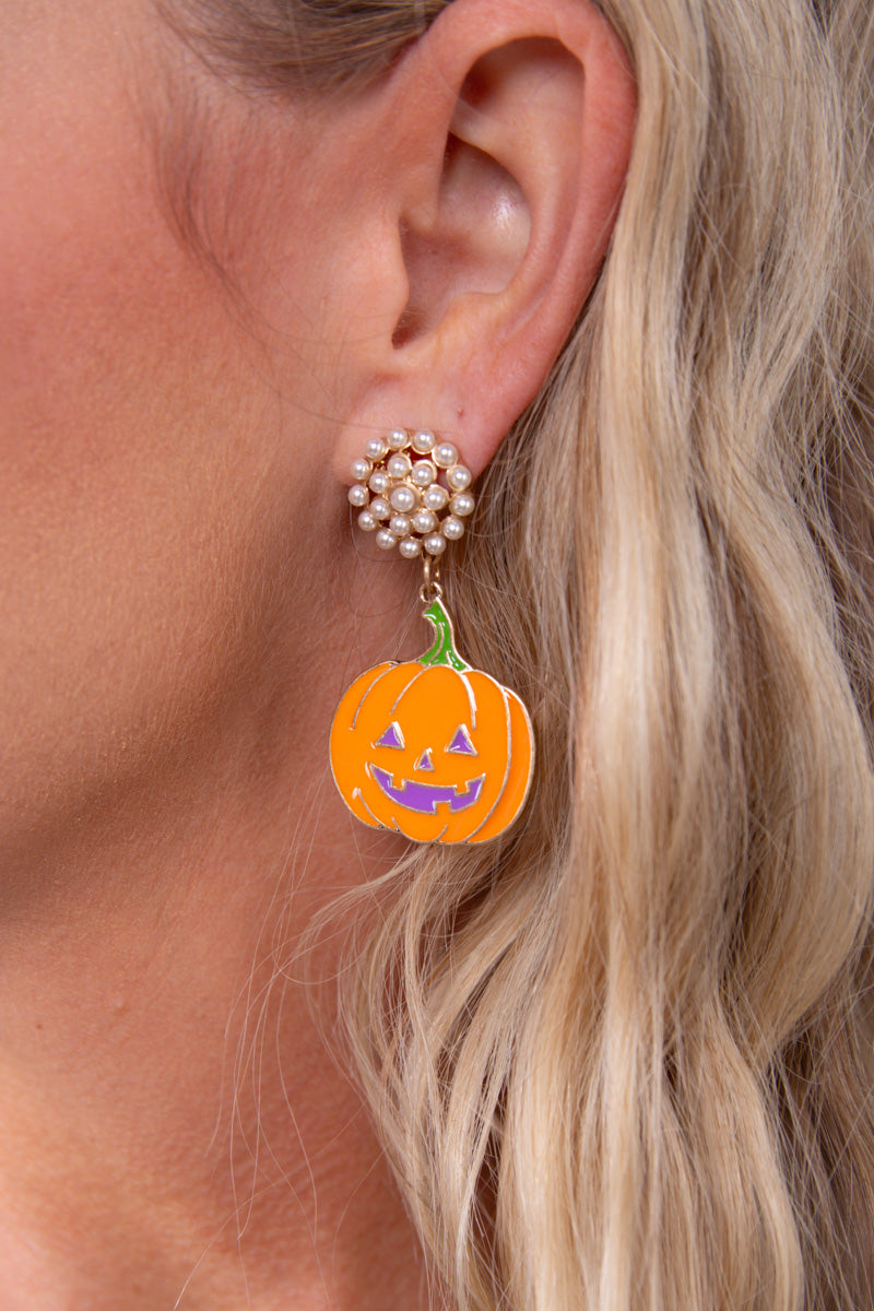 Halloween Enamel Jack O'Lantern Earrings in Orange & Purple