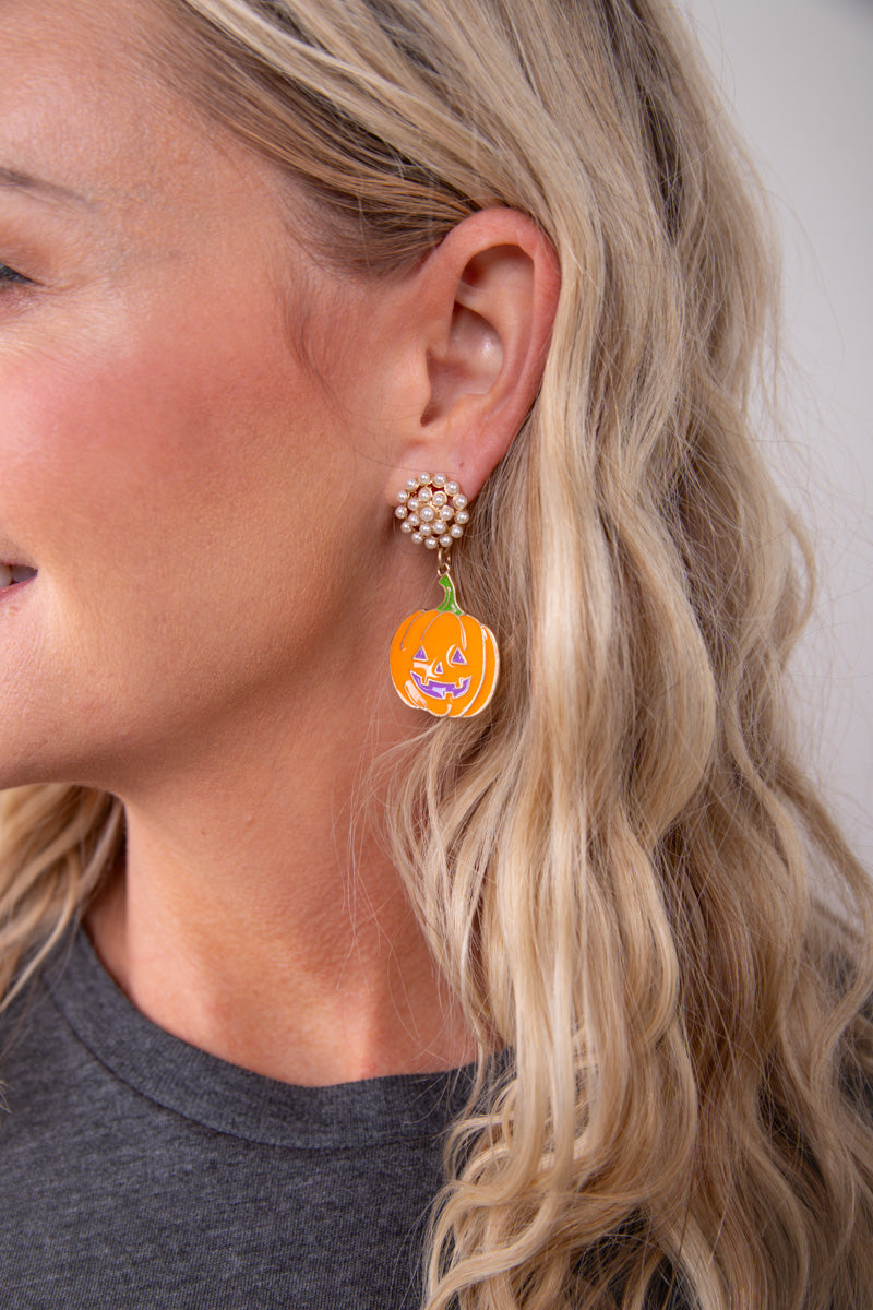 Halloween Enamel Jack O'Lantern Earrings in Orange & Purple