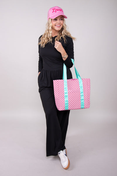 Pink and Pink Checkered Tote Bag