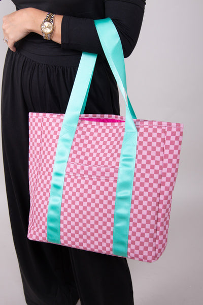 Pink and Pink Checkered Tote Bag