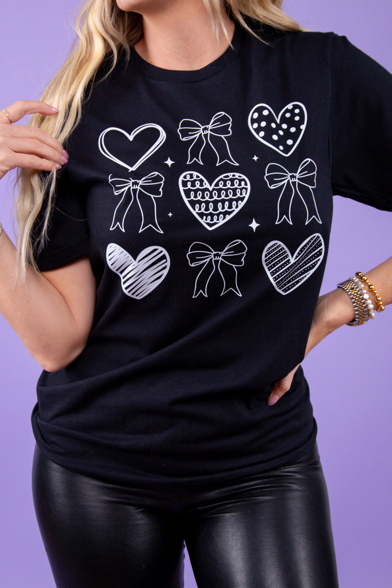 Hearts and Bows Outlined Graphic Tee - Black