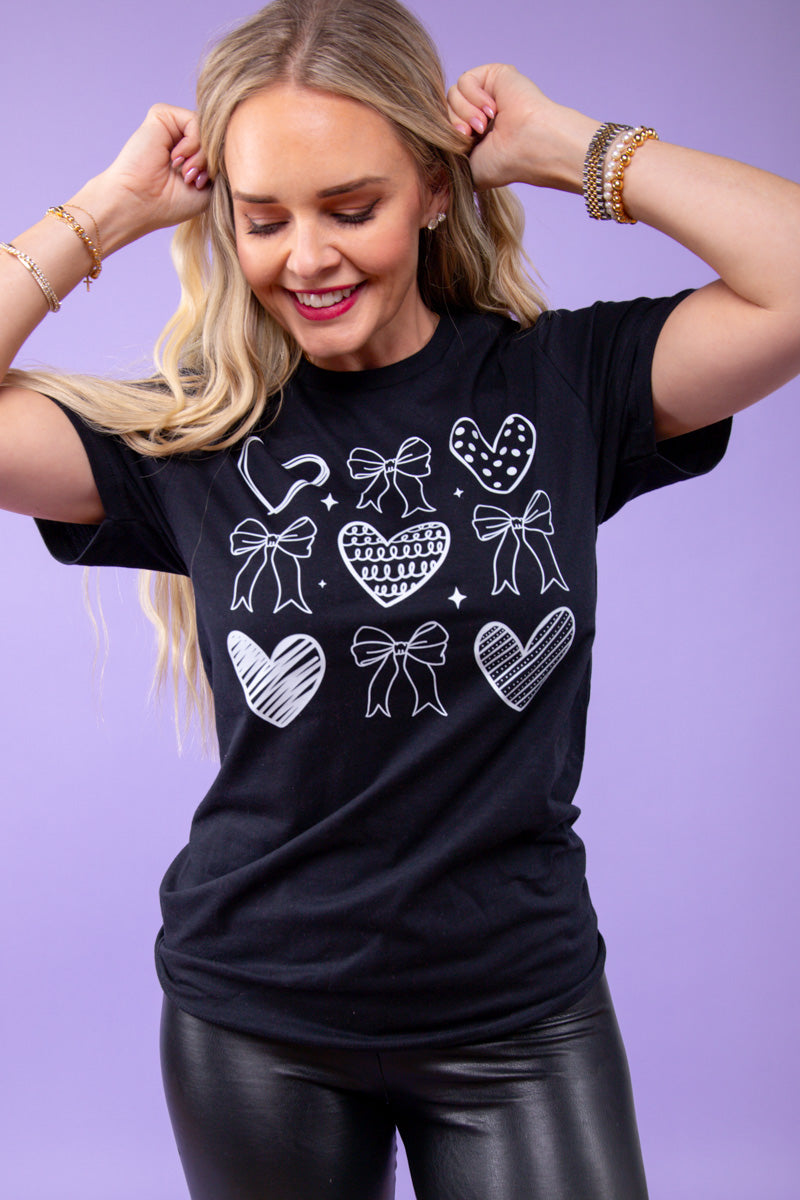 Hearts and Bows Outlined Graphic Tee - Black