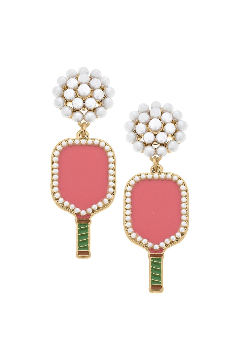 Ellie Pickleball Pearl Cluster Drop Earrings-Pink
