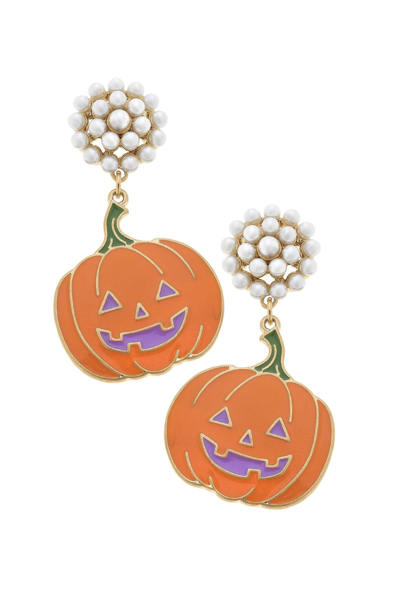 Halloween Enamel Jack O'Lantern Earrings in Orange & Purple