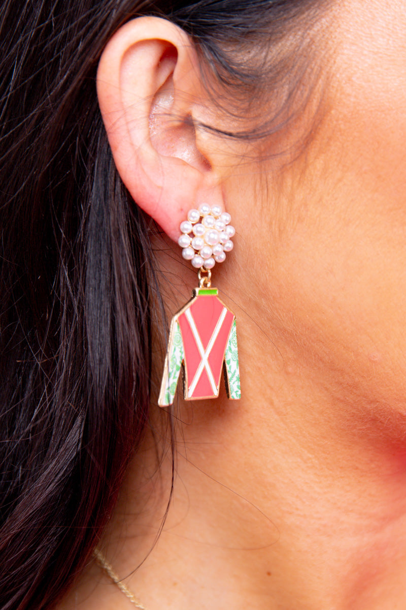 Jockey Pearl Cluster Enamel Earrings-Pink/Green
