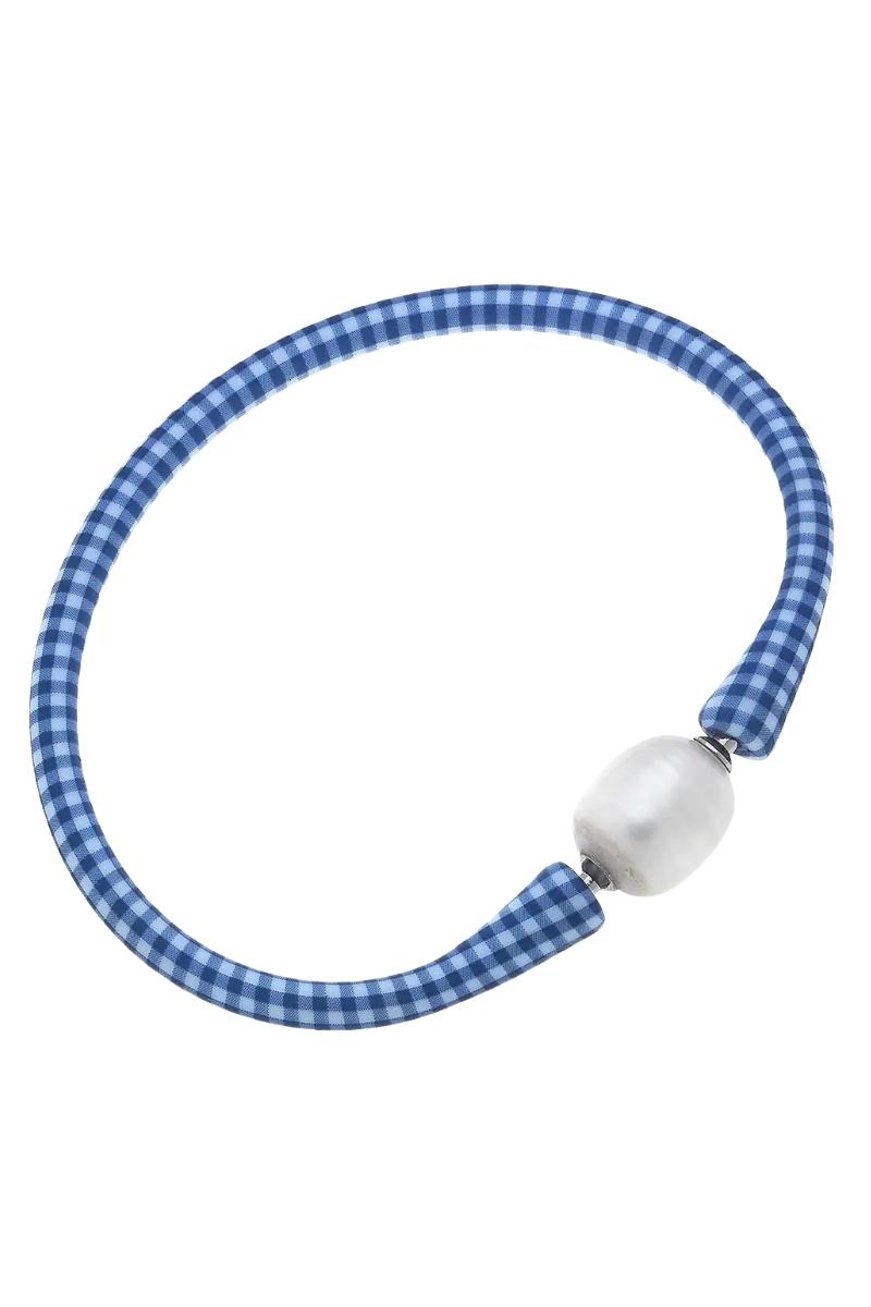 Bali Freshwater Pearl Silicone Bracelet in Blue Gingham