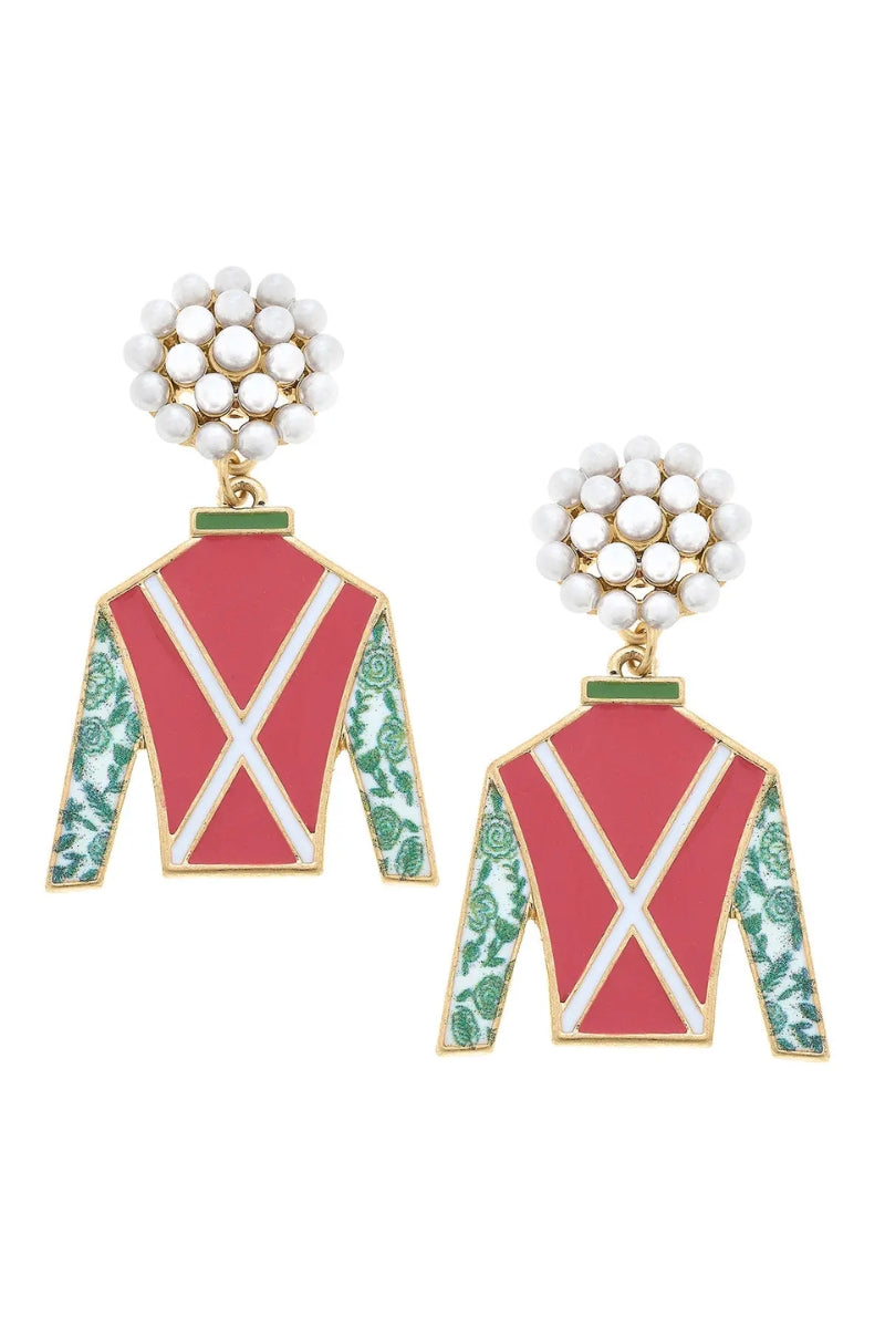 Jockey Pearl Cluster Enamel Earrings-Pink/Green